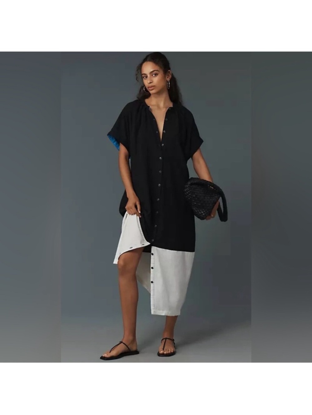 Black and White Button-Front Colorblock maxi Linen Dress